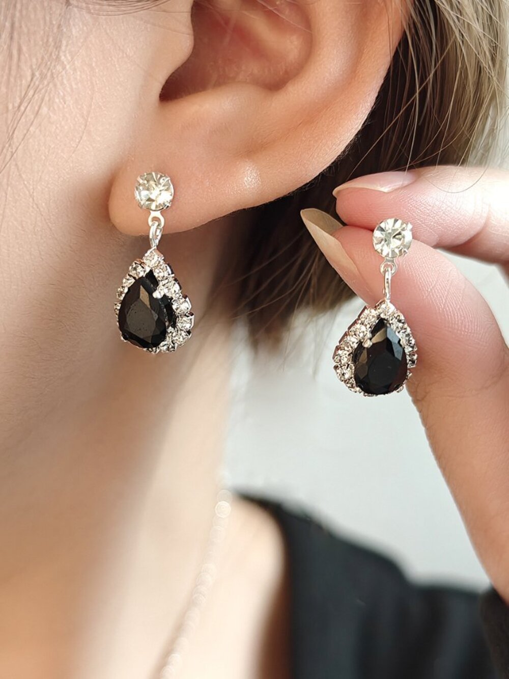 3/$35 Black Crystal Teardrop Drop Earrings Silver Rhinestone Evening Formal
